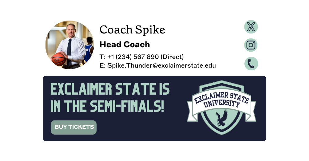 company email signature with sports themed banner and profile photo