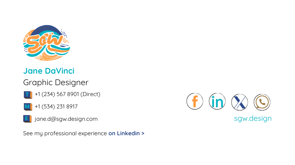Email signature with contact info, social media icons, and a colorful logo.