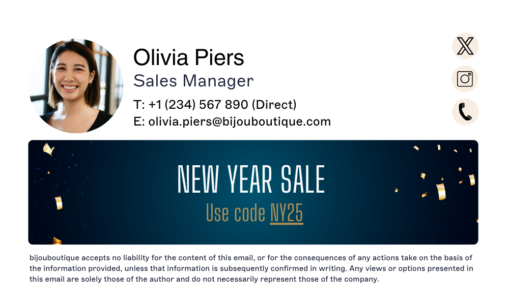 professional email signature example with contact info and New Year promo banner
