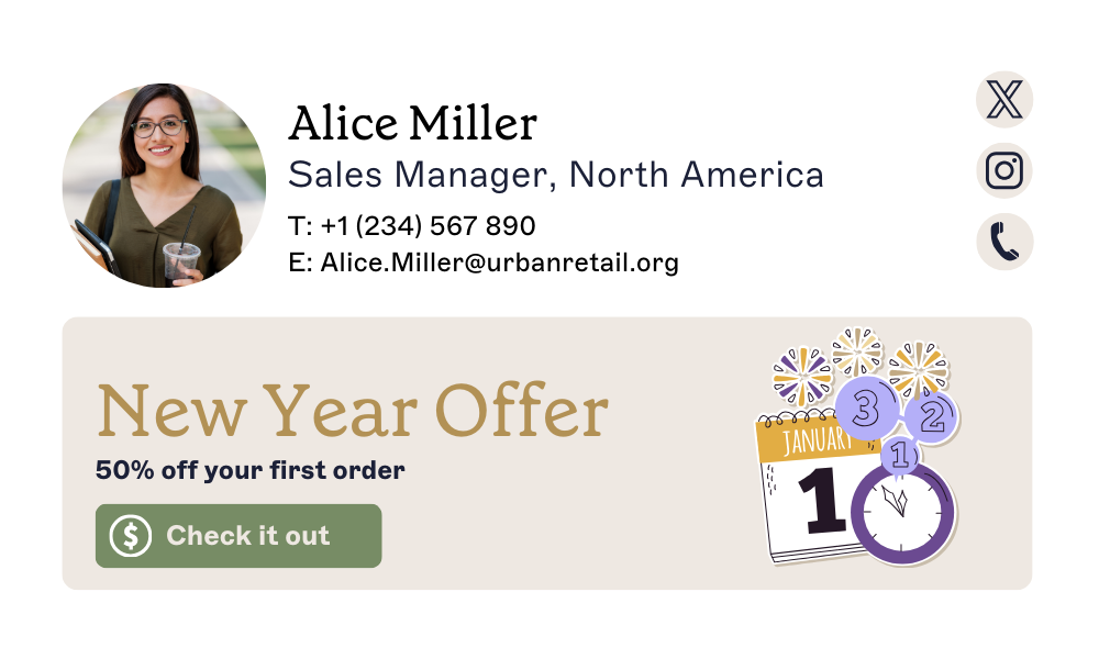 Email signature with a photo of a woman, contact details, and a "New Year Offer"