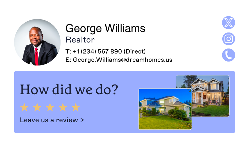 company email signature with feedback banner for a realtor