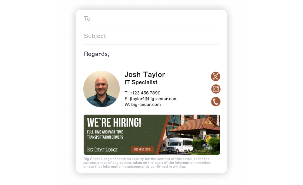 company email signature for an IT specialist with banner and photo