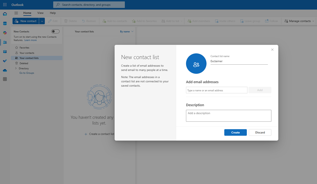 new contact list in outlook 365