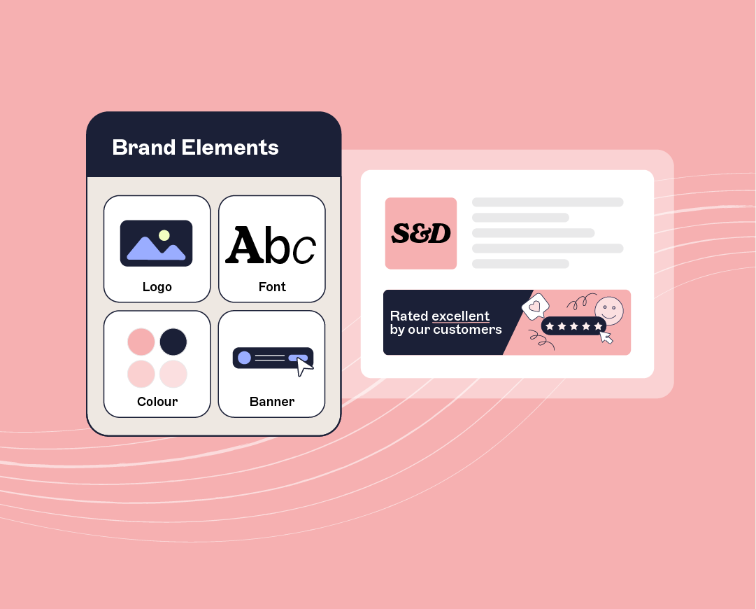 Illustratie van merkelementen: logo, lettertype, kleur en banner. Bevat een klantenbeoordelingskaart met sterren en een glimlachend gezicht op een roze achtergrond.