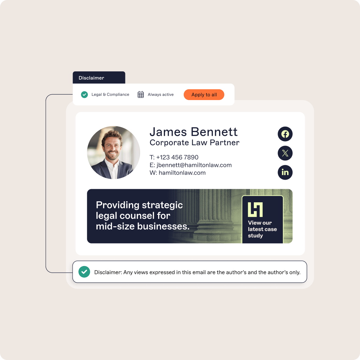 Email signature with a photo of a man, contact details, and a banner promoting legal services for mid-size businesses.