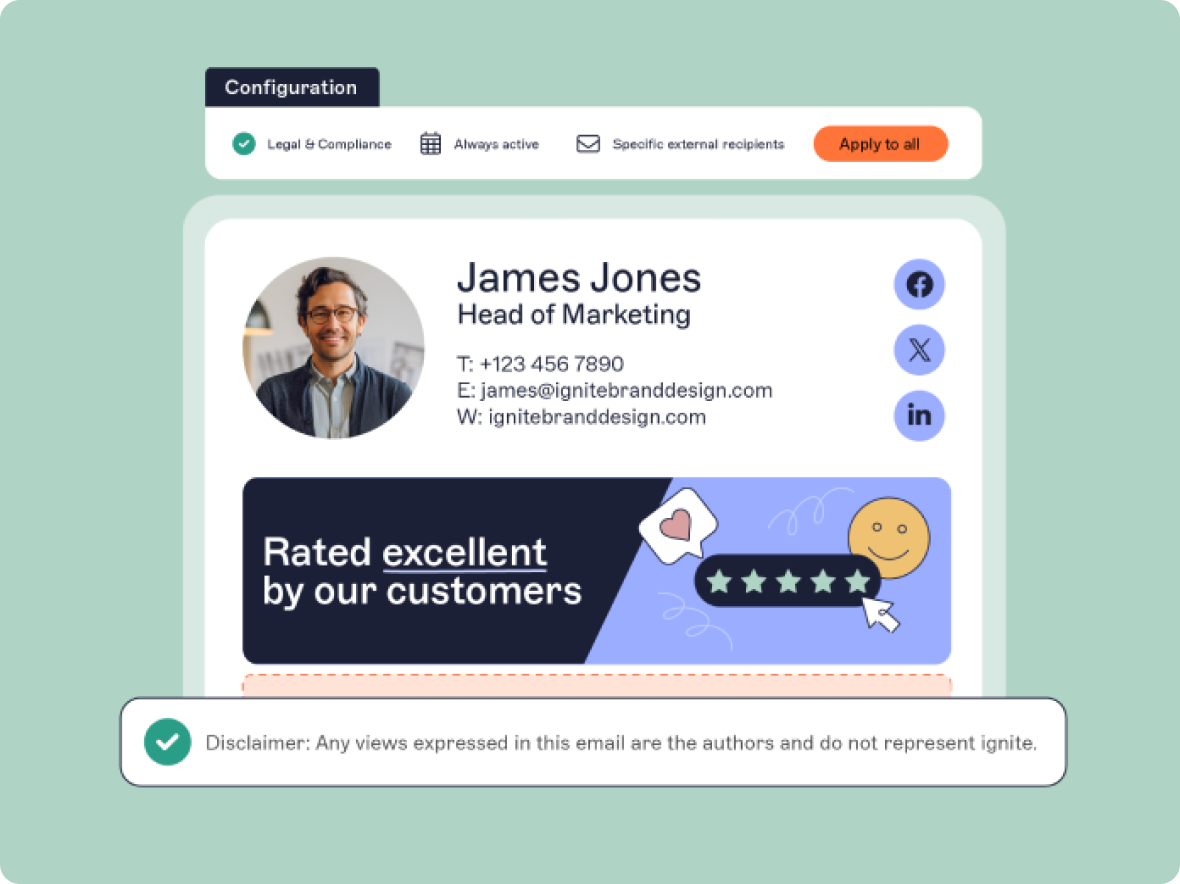 E-mailhandtekening met foto, contactgegevens en een klantenbeoordelingsgrafiek. Disclaimer over meningen onderaan.