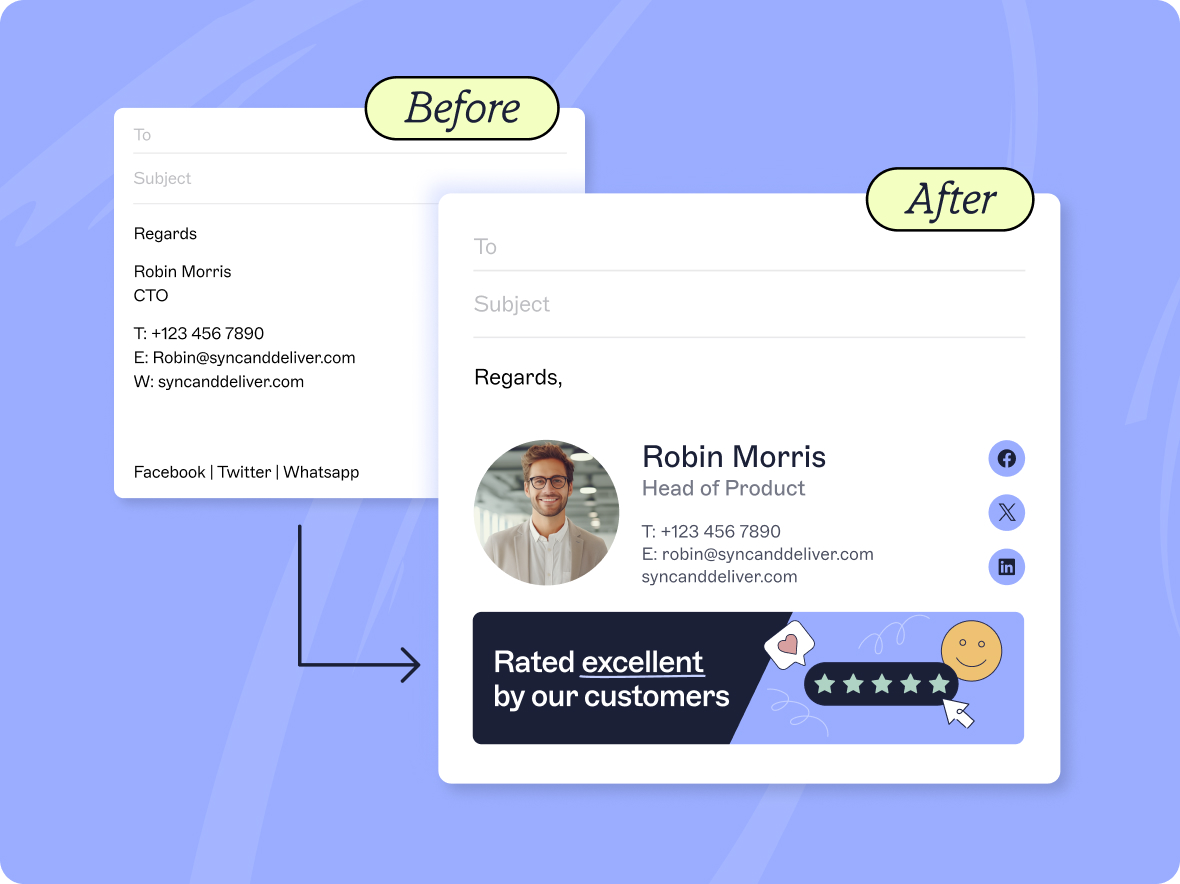 Before and after examples of email signature using Exclaimer
