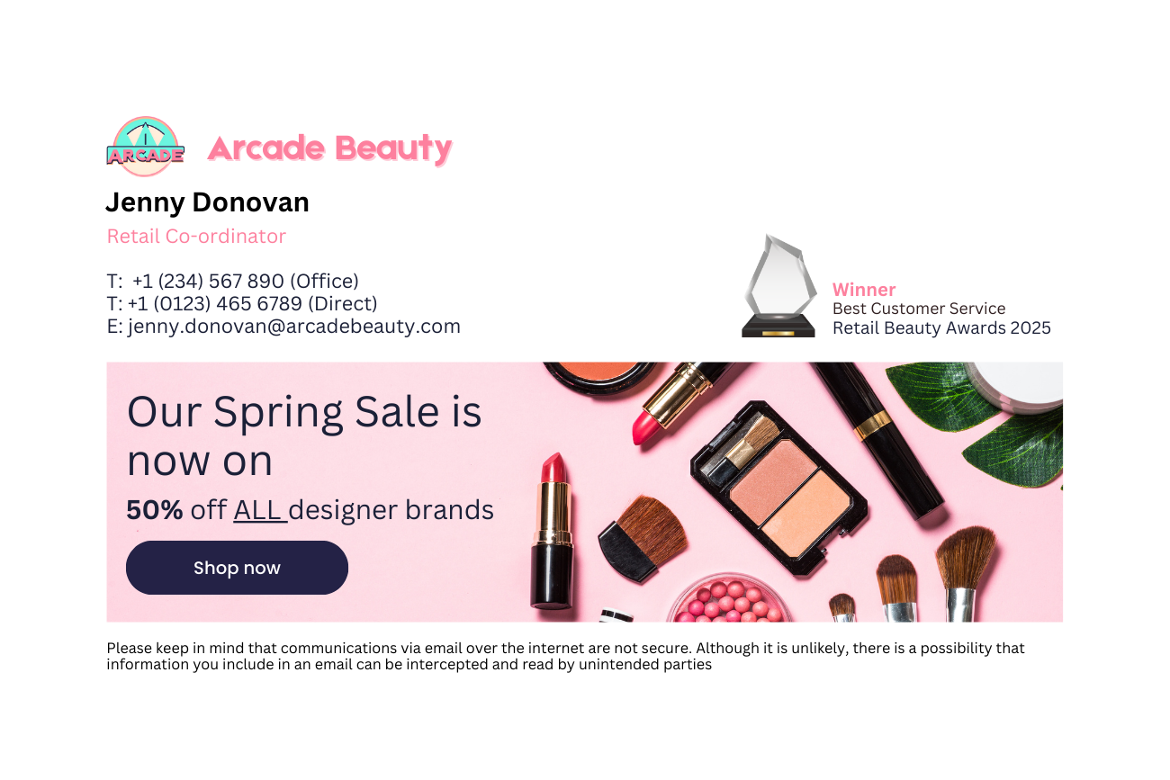 email signature design with banner and award