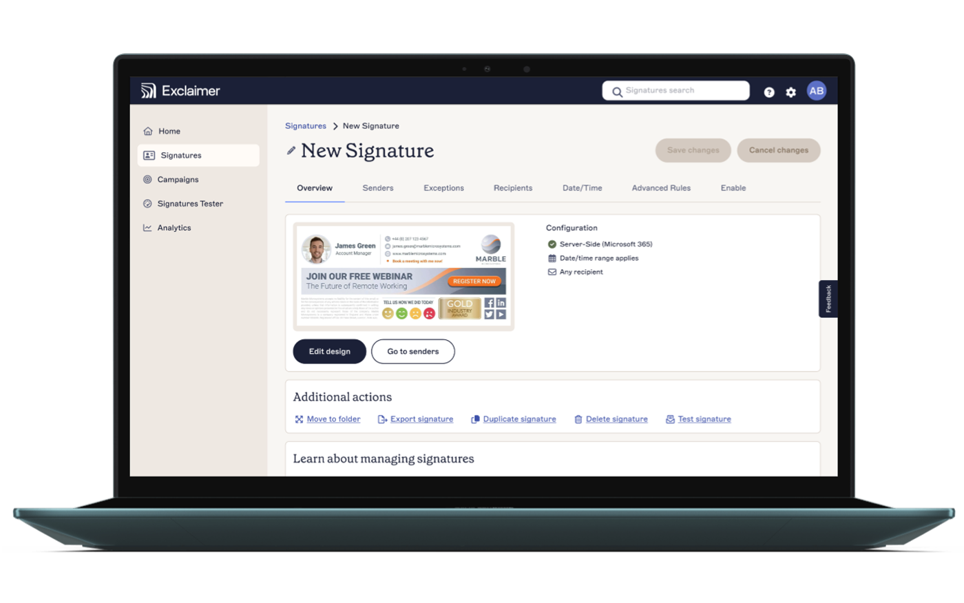 email signature platform ui on a laptop