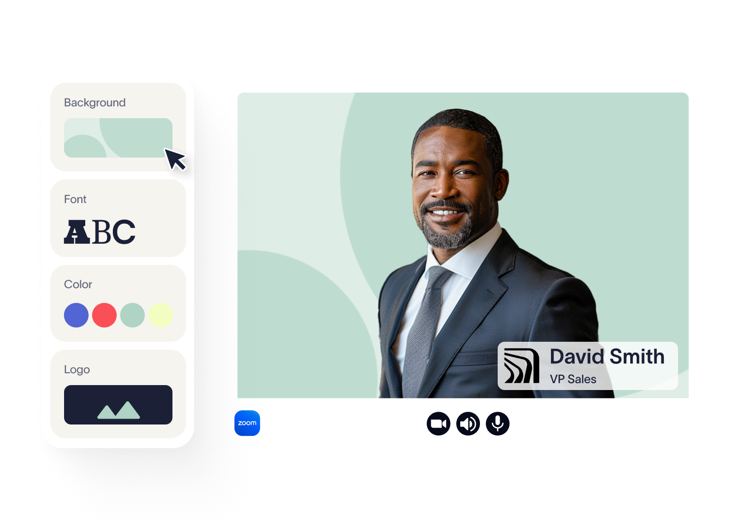 Man in a suit on a video call screen with customization options for background, font, color, and logo on the side.