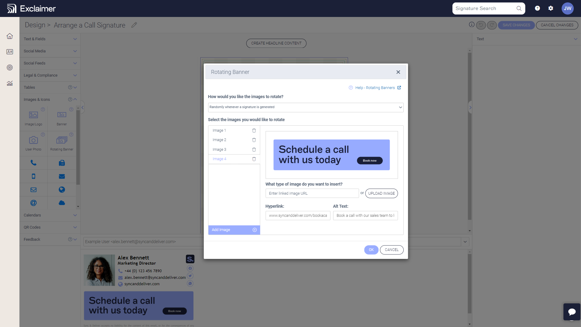 rotating banner setup in exclaimer with options