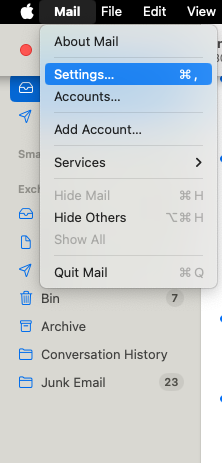 Open Mail application with a dropdown menu displaying options like Settings, Accounts, and Quit Mail.