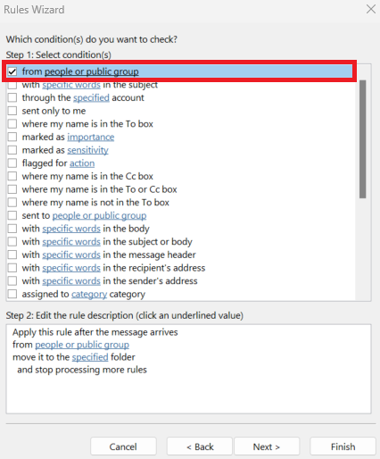 Rules Wizard dialog with a checklist of conditions for emails