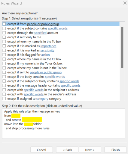 Oulook rules wizard displaying exception options and rule description fields for automated email sorting.