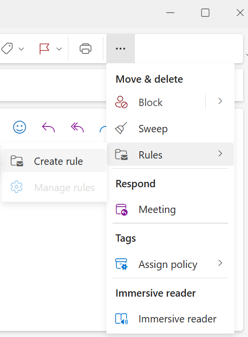 Outlook rules settings dropdown menu showing options for "Move & delete," "Respond," "Tags," and "Immersive reader."