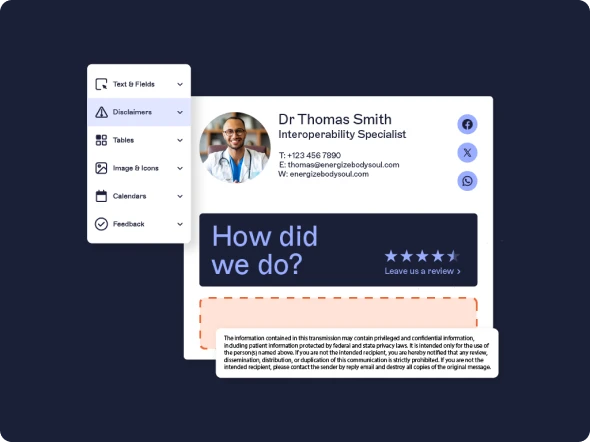 User interface showing an email signature for an interoperability specialist