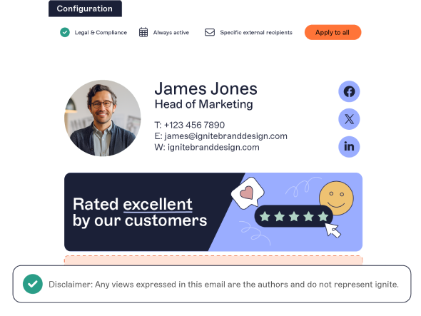 Business email signature with a photo, contact details, social media icons, and a customer rating graphic with stars and a thumbs-up emoji.