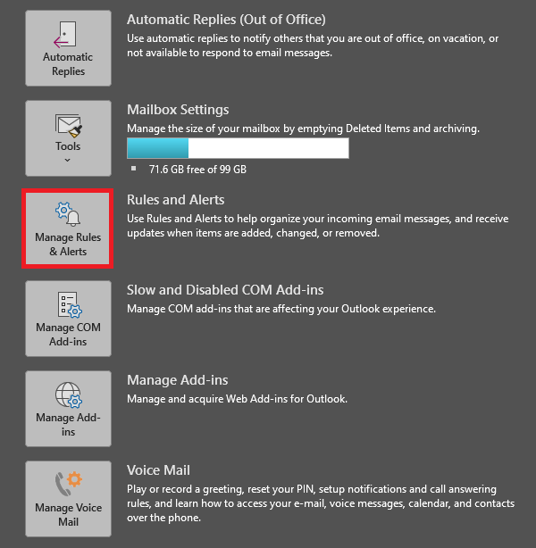 Outlook Options screen showing various settings. "Manage Rules & Alerts" is highlighted