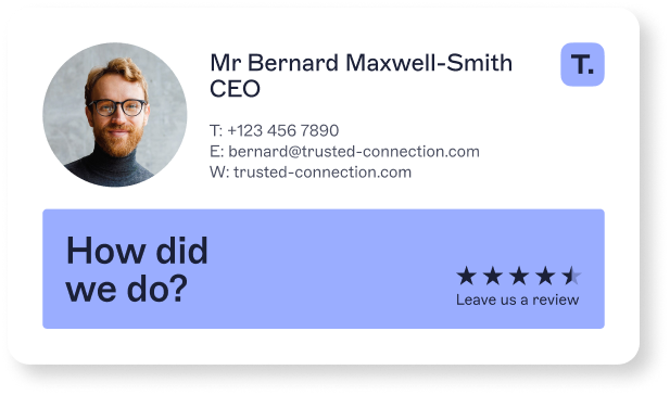 ceo email signature with review banner and photo