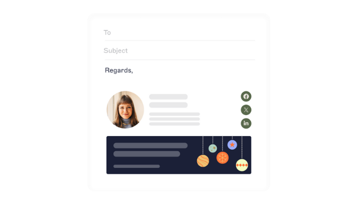 Email signature with social media icons for Facebook, X, and LinkedIn