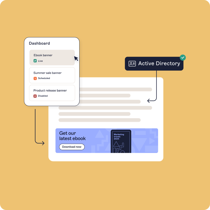 Illustratie van een dashboard met bannerstatussen, gelinkt aan een webpagina met een knop ‘Nu downloaden’ voor een e-book