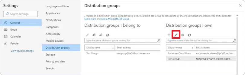 Settings window showing "Distribution groups" under "General."