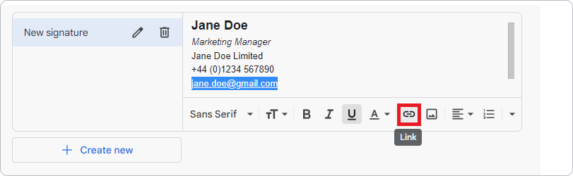 Link icon in the Gmail signature editor