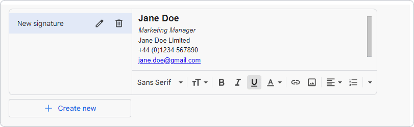 Gmail signature within the editor