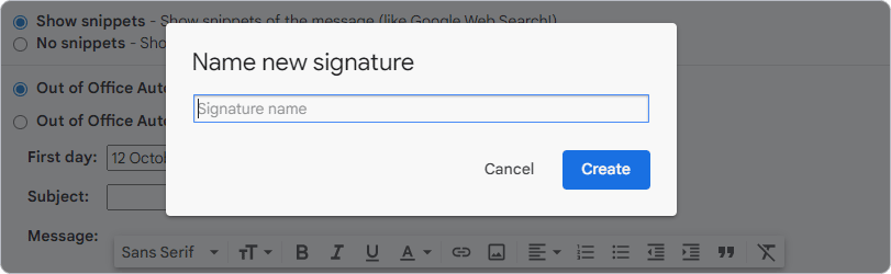 Name new signature screen in Gmail