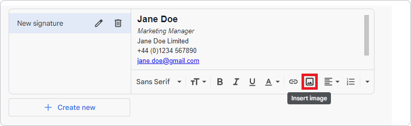 Insert Image icon in Gmail signature editor