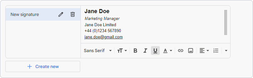 Formatting signature in the Gmail signature editor