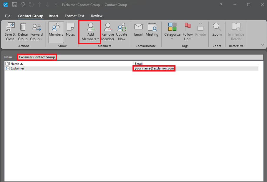 Outlook contact group with options to add and remove members